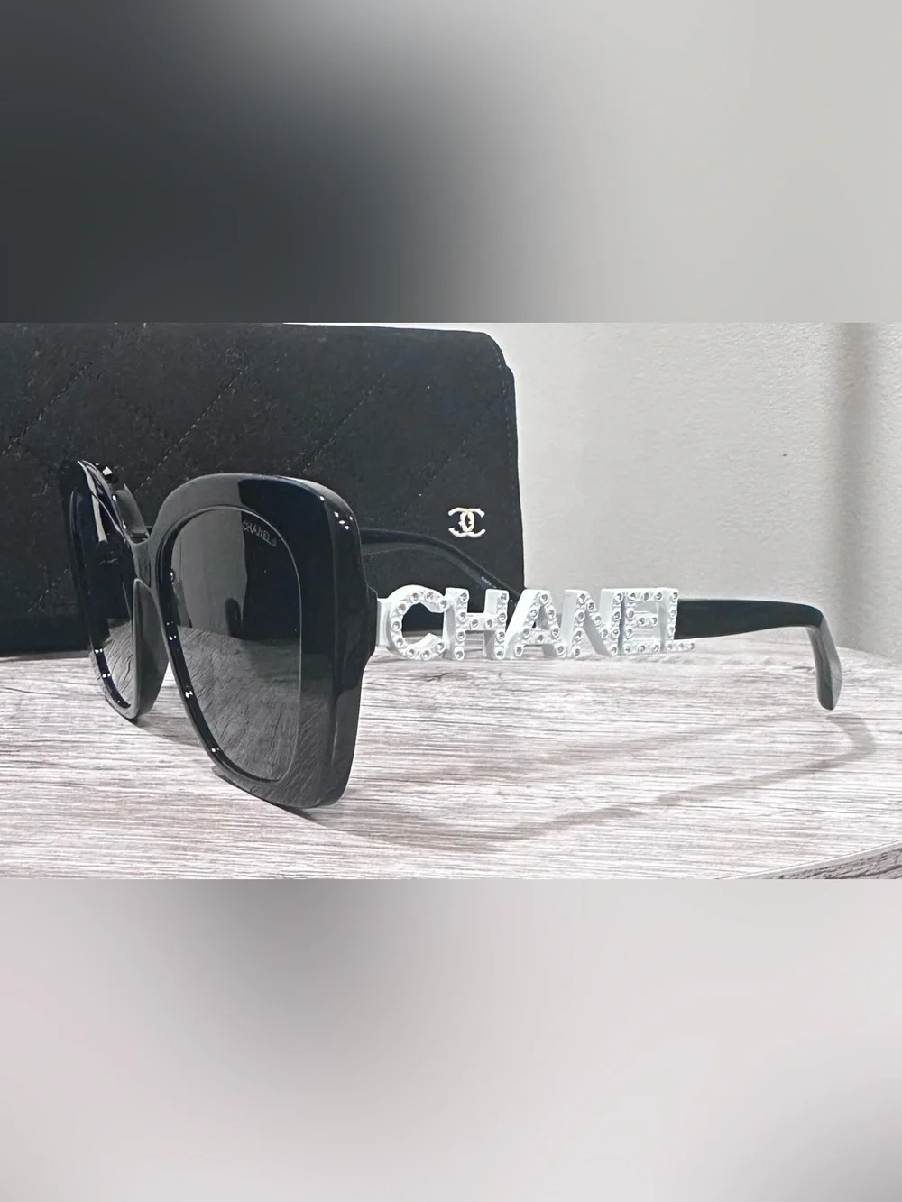 CHANEL 5422 Black Sunglasses with Crystal-Accent Temples